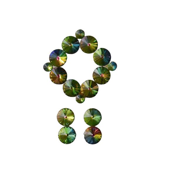 1950s Gold Plate Watermelon Rivoli Rhinestone Brooch & Earrings Demi Parure - Picture 1 of 6